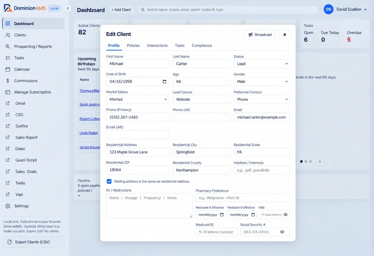 A DominionAMS client profile, showing the Profile, Policies, Interactions, and Compliance tabs