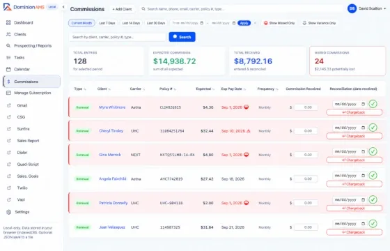 The DominionAMS commission tracking and reconciliation interface