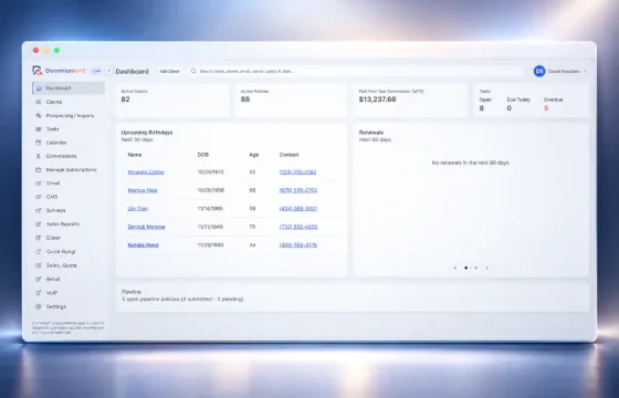 The DominionAMS Dashboard, showing active clients, active policies, NFYC, tasks, upcoming birthdays, and renewals