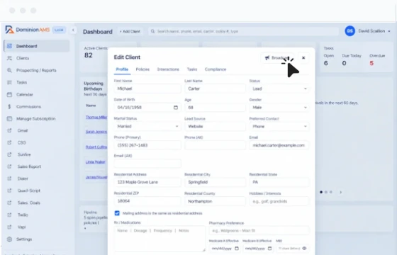 The DominionAMS Broadcast button and client workflow