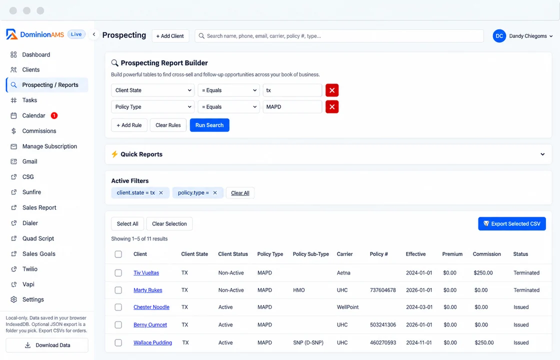 The DominionAMS Prospecting / Reports interface